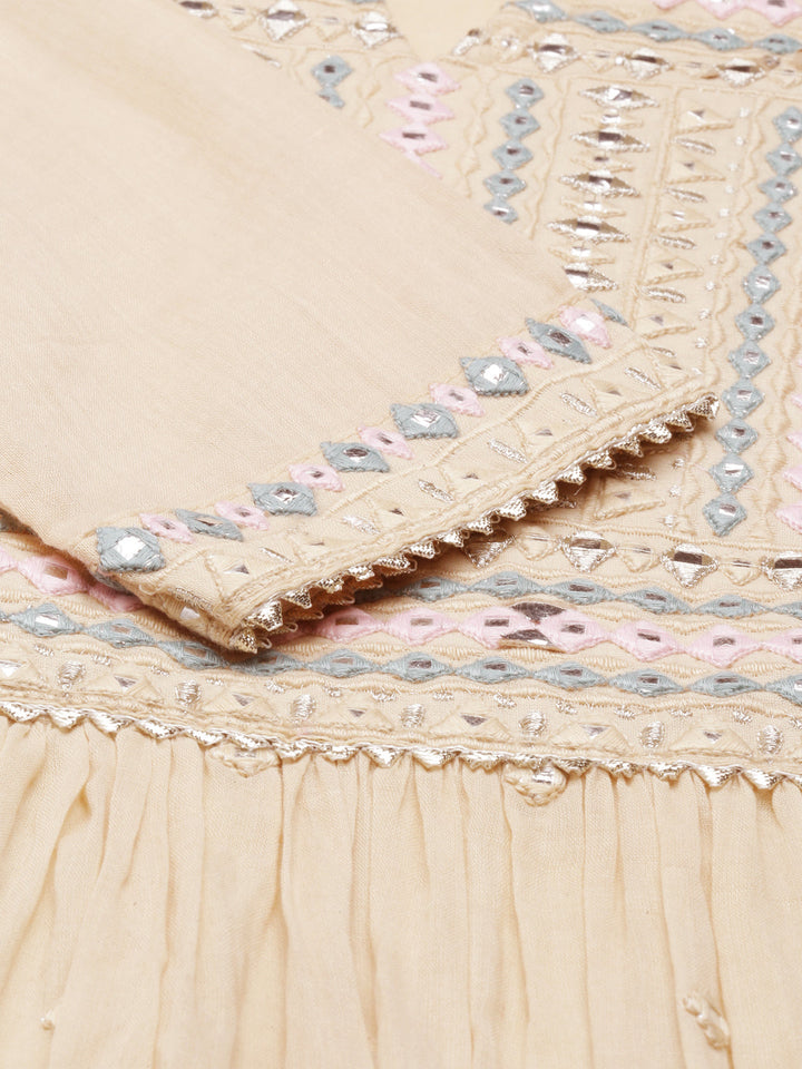 Neerus Beige cotton mirror work tiered kurti - detail view 4
