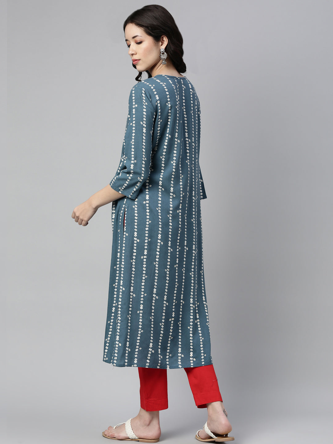 Neerus Blue Rayon Printed Kurti Bandhani - back view