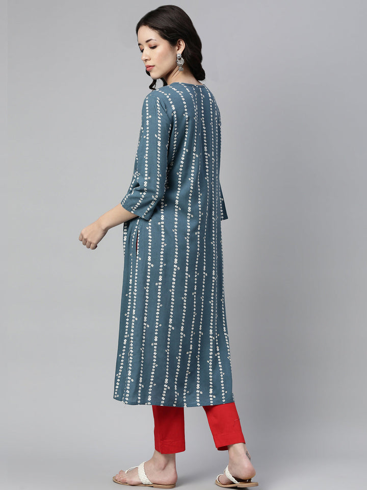 Neerus Blue Rayon Printed Kurti Bandhani - back view