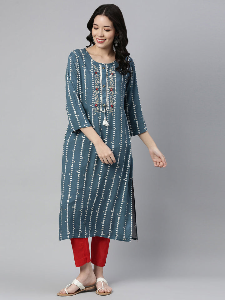 Neerus Blue Rayon Printed Kurti Bandhani - detail view 1