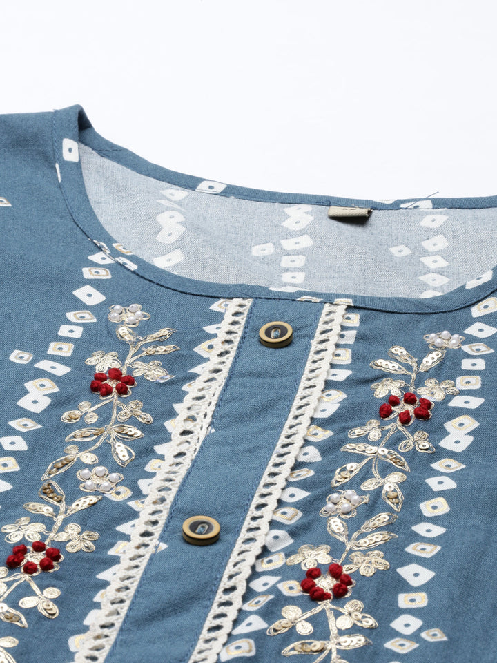 Neerus Blue Rayon Printed Kurti Bandhani - detail view 2