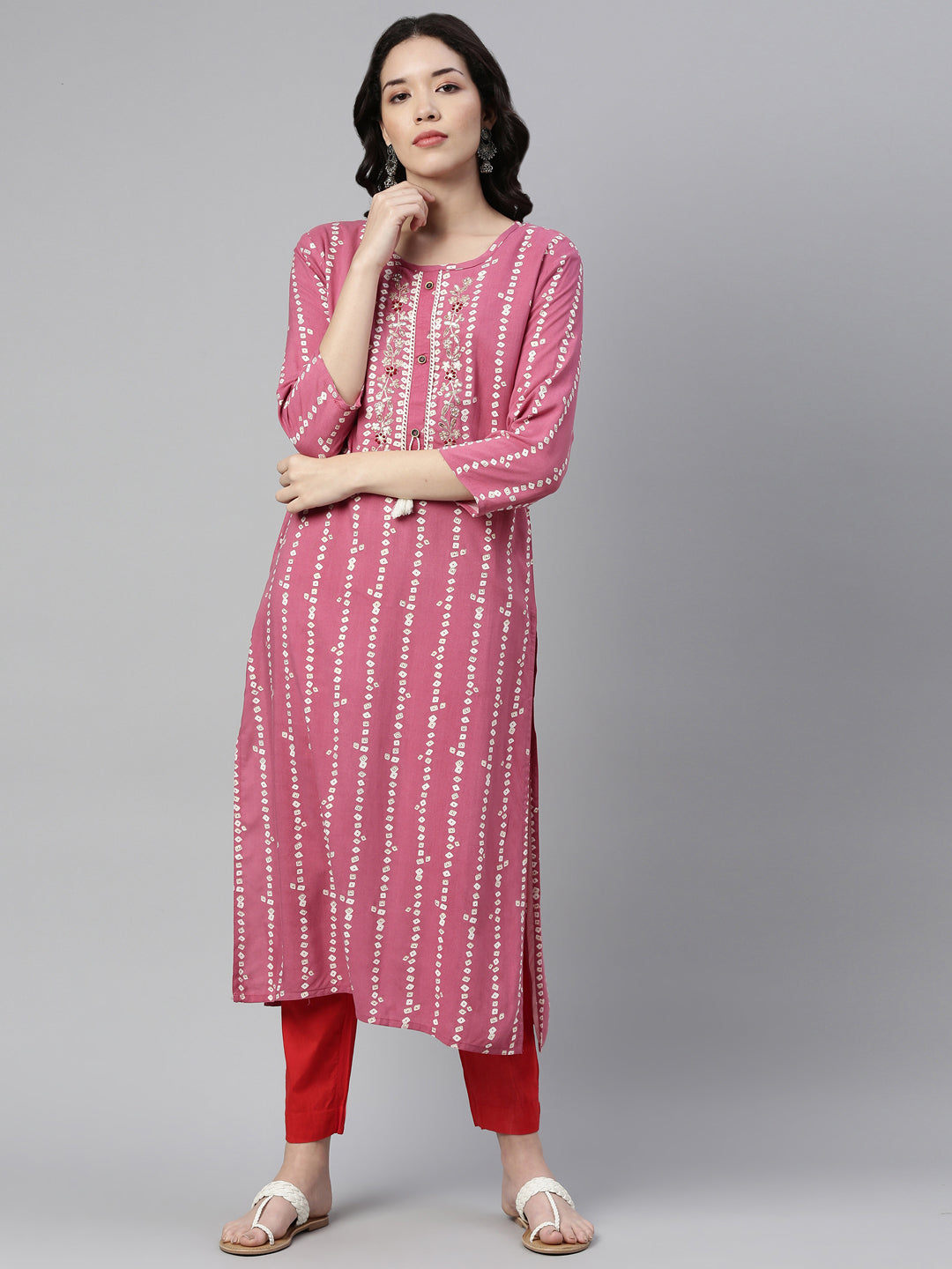Neerus Pink rayon printed kurti bandhani - detail view 4