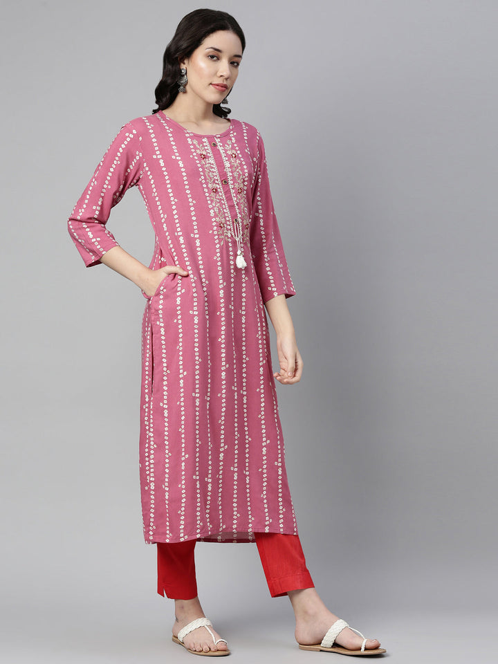 Neerus Pink rayon printed kurti bandhani - front view