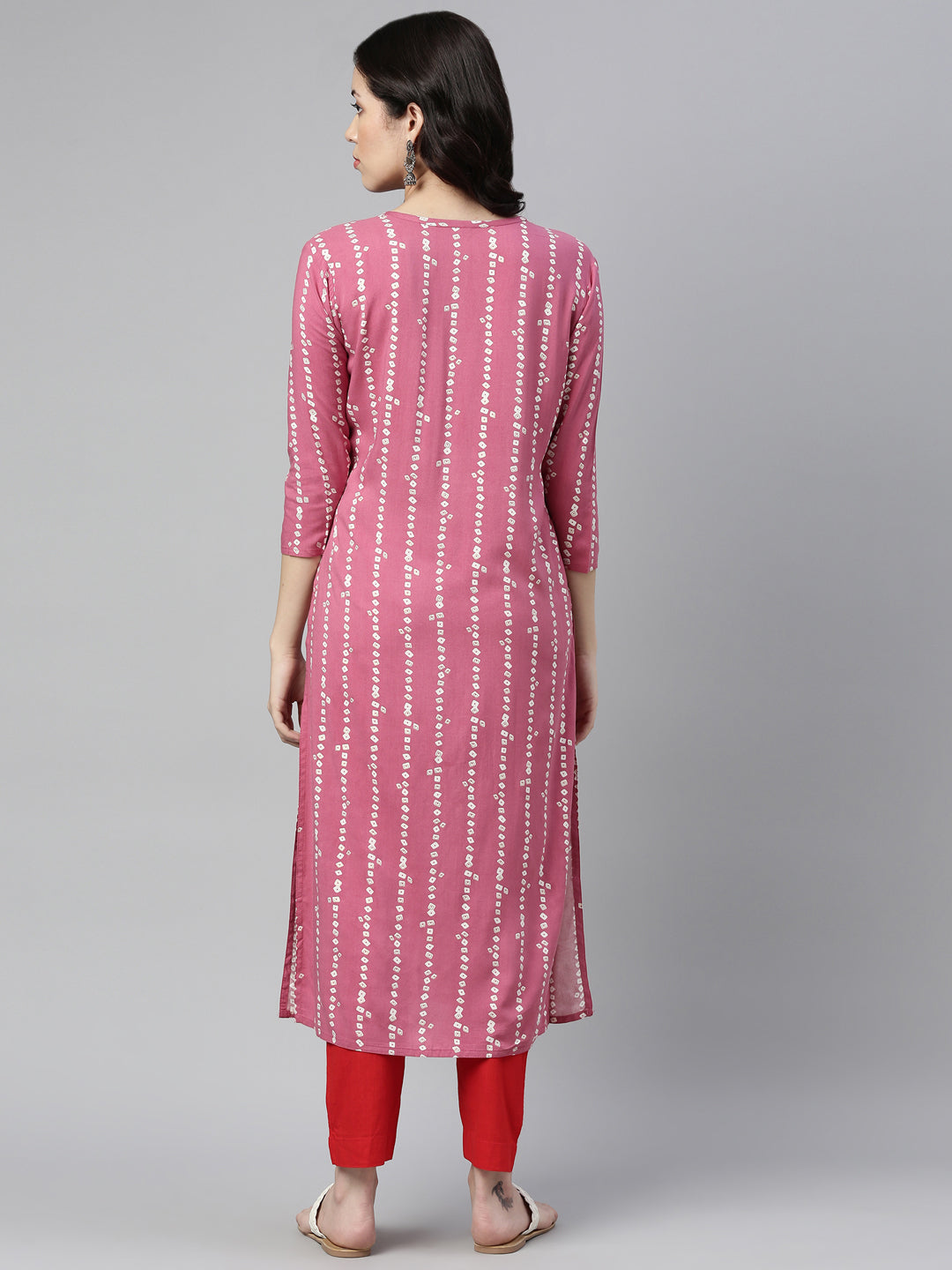 Neerus Pink rayon printed kurti bandhani - back view