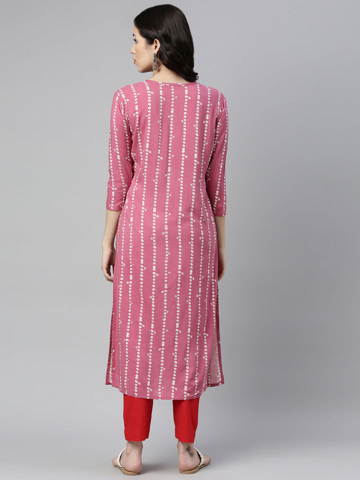 Neerus Pink rayon printed kurti bandhani - back view