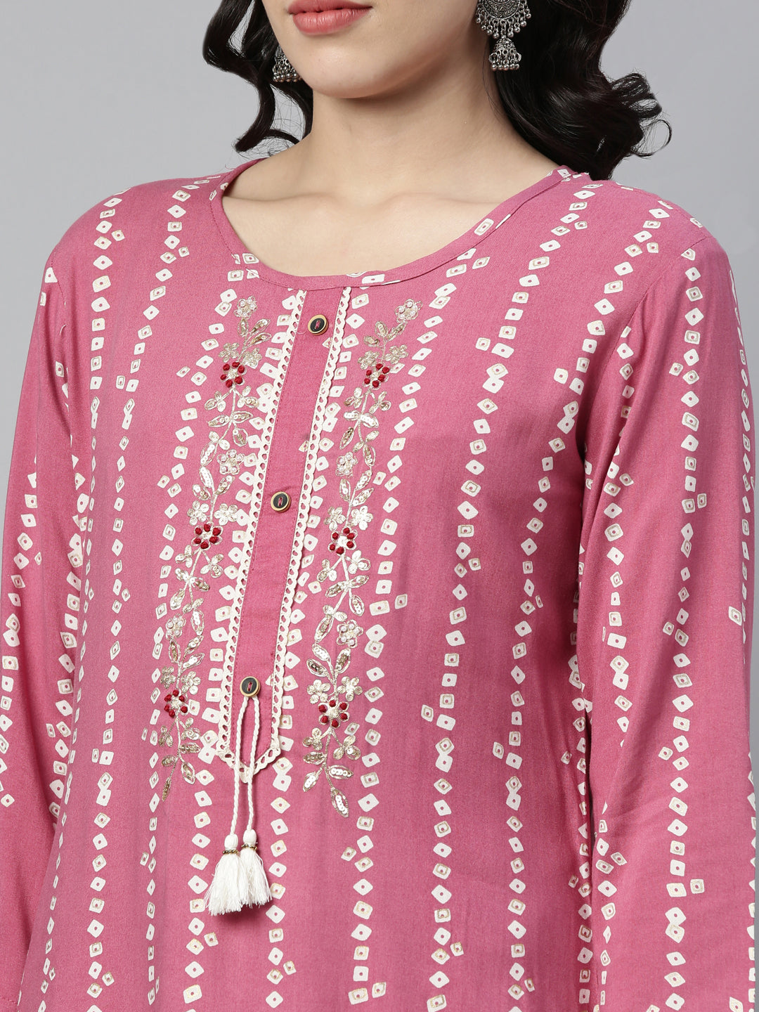 Neerus Pink rayon printed kurti bandhani - side view