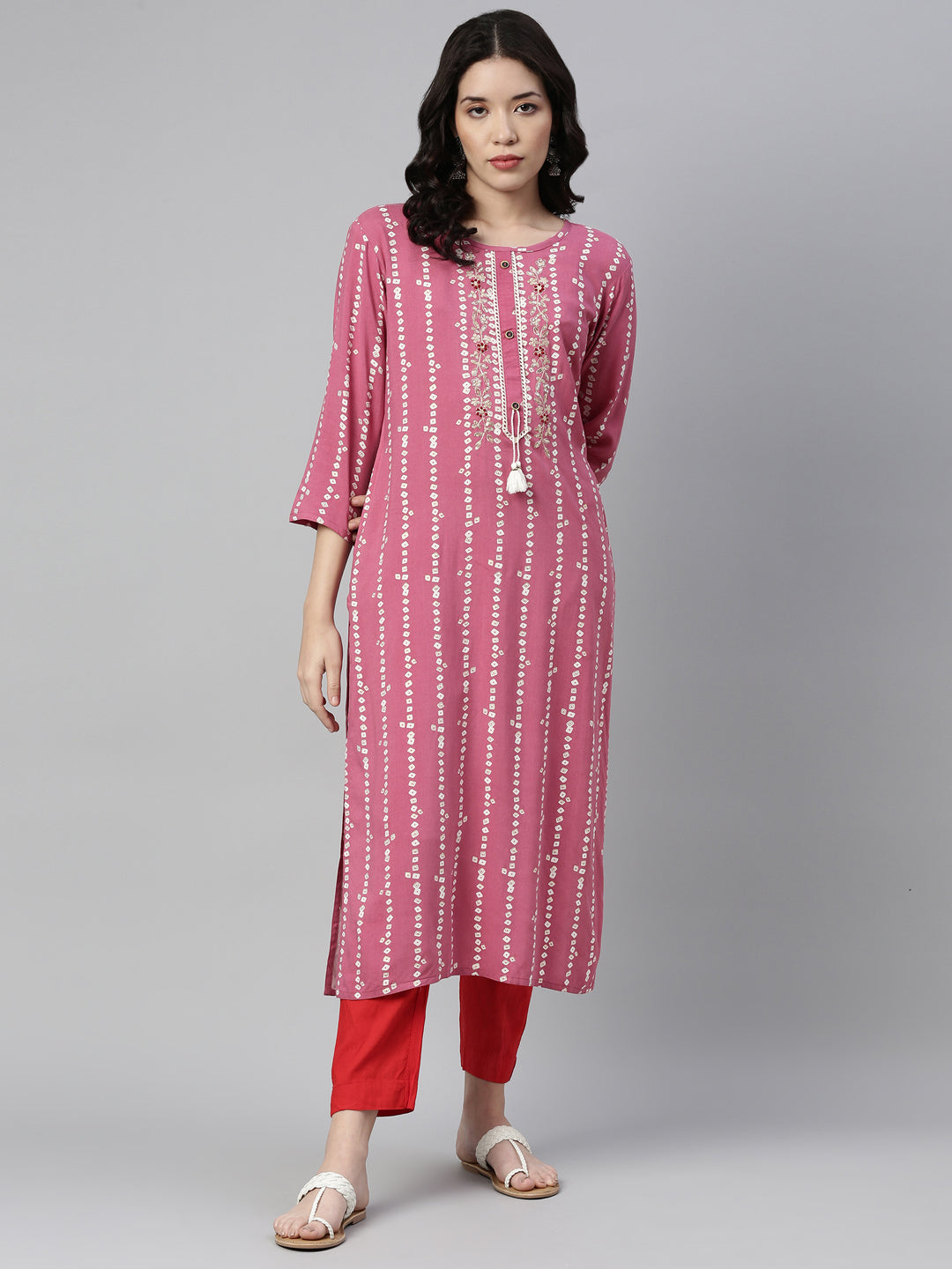Neerus Pink rayon printed kurti bandhani - detail view 1