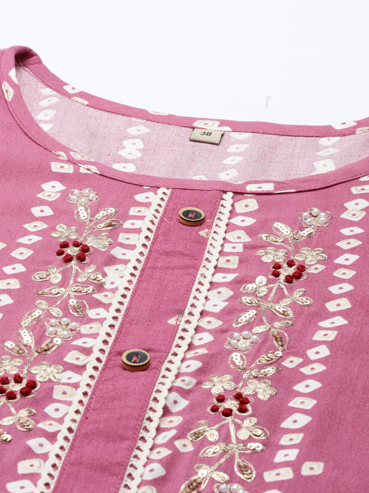 Neerus Pink rayon printed kurti bandhani - detail view 2