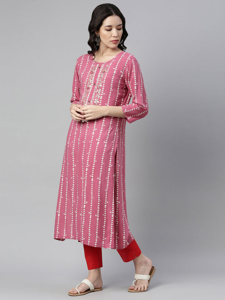 Neerus Pink rayon printed kurti bandhani - detail view 3