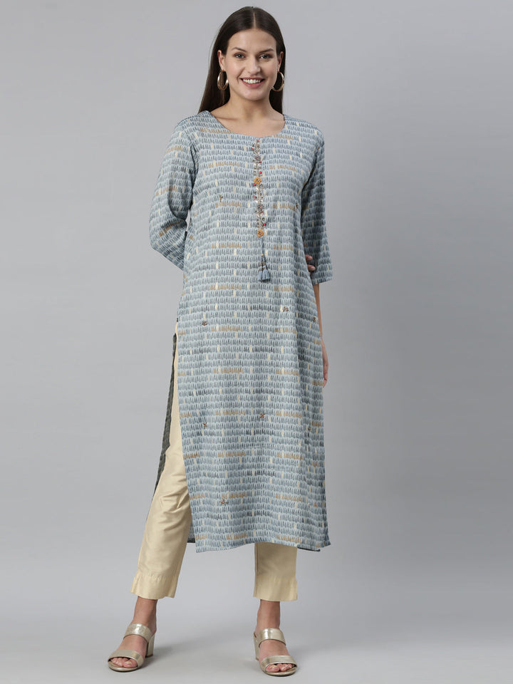 Neerus Blue rayon solid kurti - detail view 5