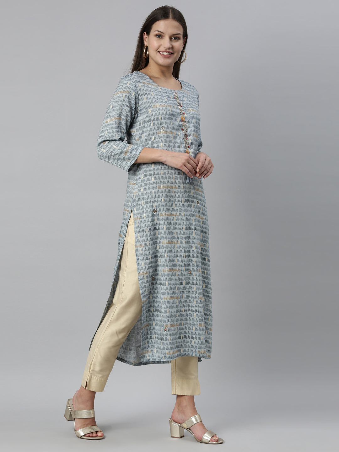 Neerus Blue rayon solid kurti - detail view 1