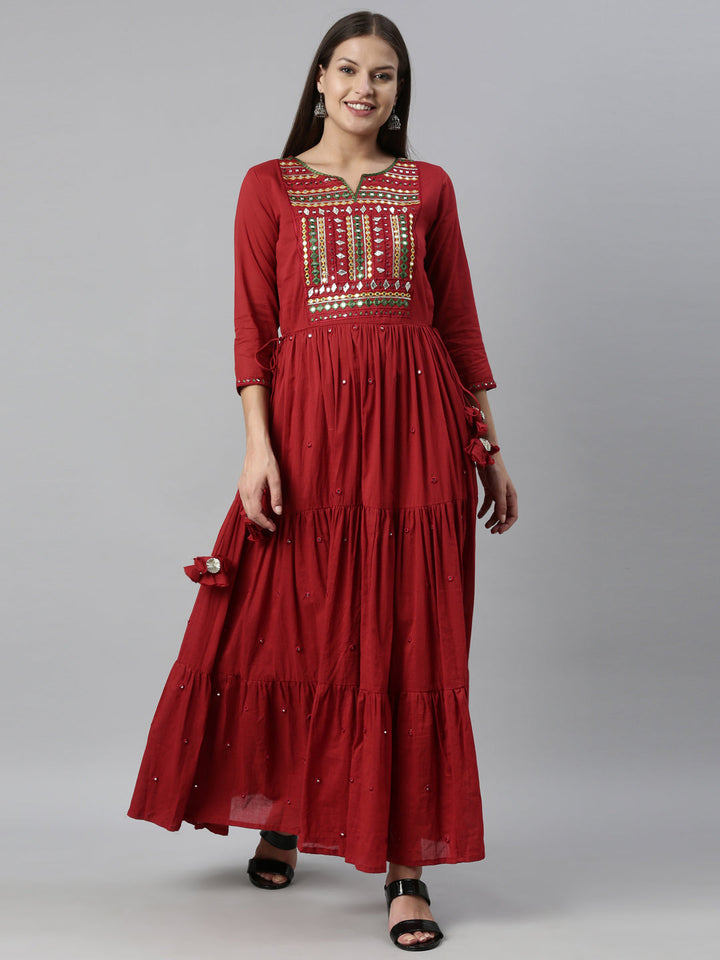 Neerus Maroon cotton embroidered anarkali kurti - front view