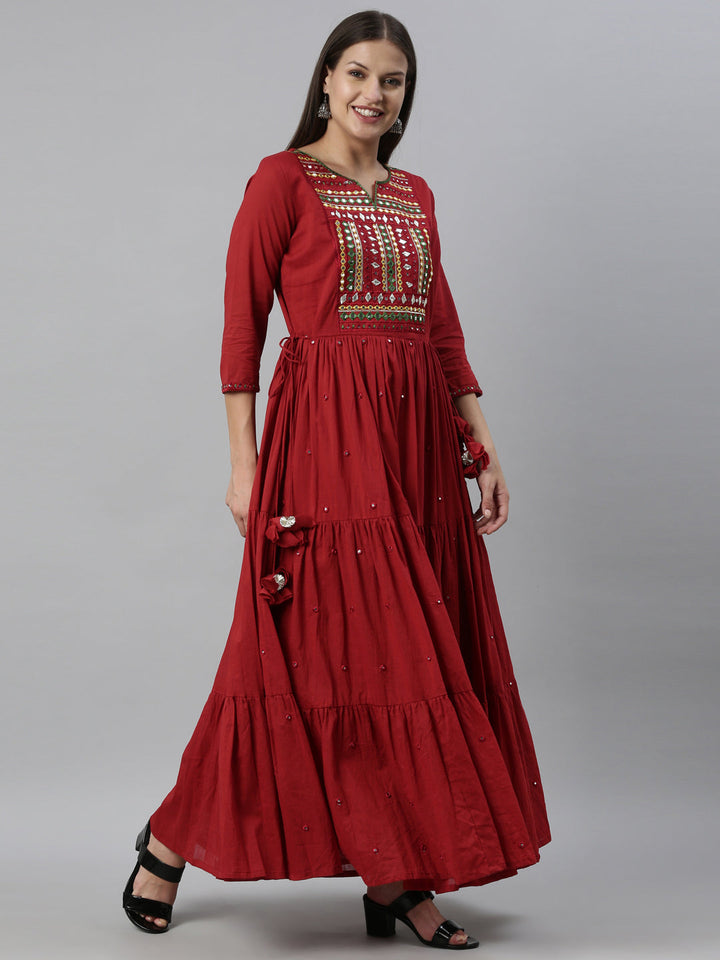 Neerus Maroon cotton embroidered anarkali kurti - detail view 1