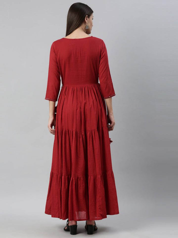 Neerus Maroon cotton embroidered anarkali kurti - detail view 2