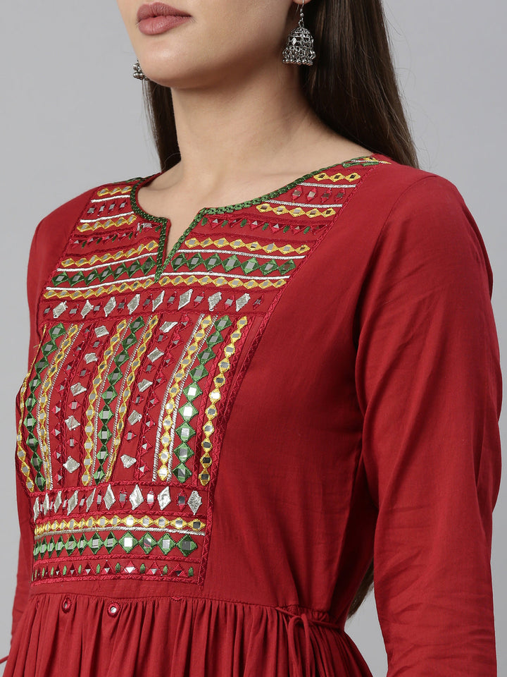 Neerus Maroon cotton embroidered anarkali kurti - detail view 6
