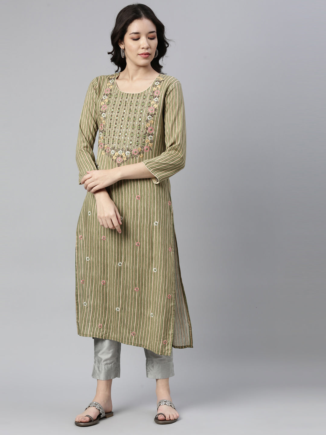 Neerus Green rayon straight kurti - back view