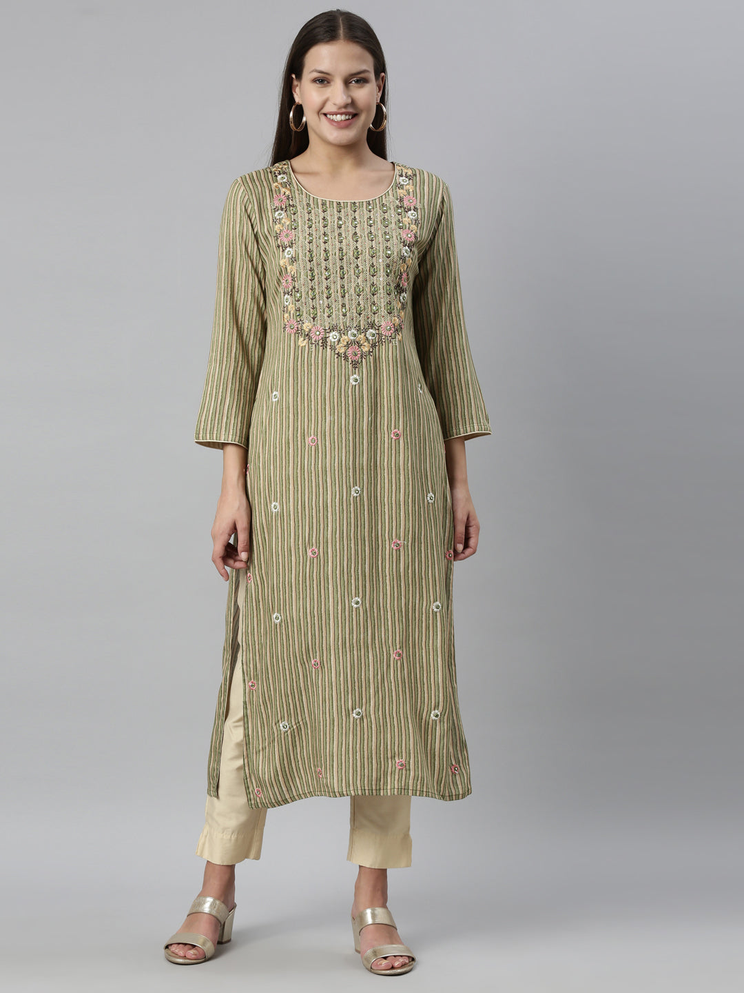 Neerus Green rayon straight kurti - front view