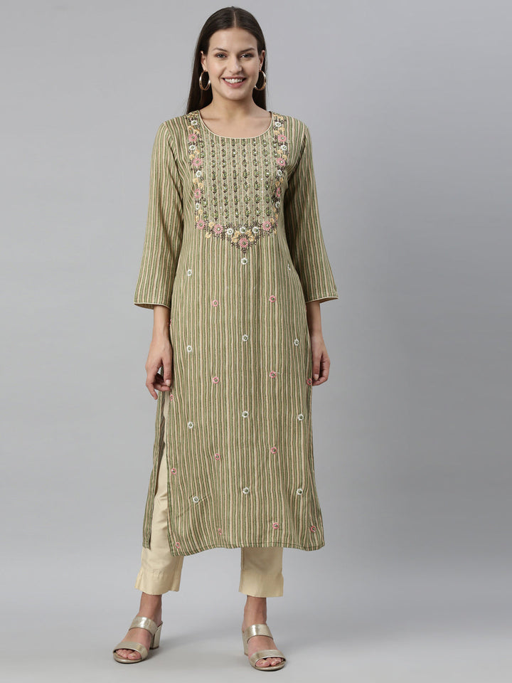 Neerus Green rayon straight kurti - front view