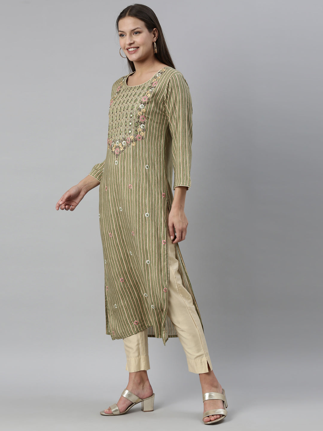 Neerus Green rayon straight kurti - detail view 7