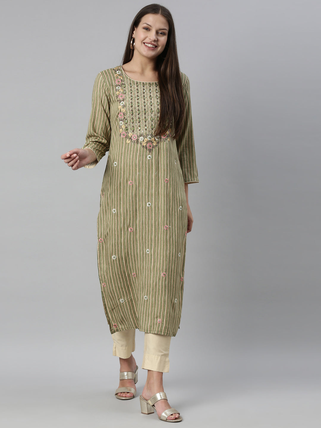Neerus Green rayon straight kurti - detail view 10
