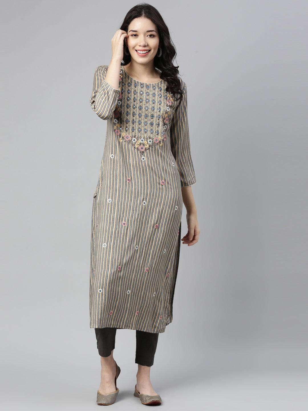 Neerus Grey rayon straight kurta - back view