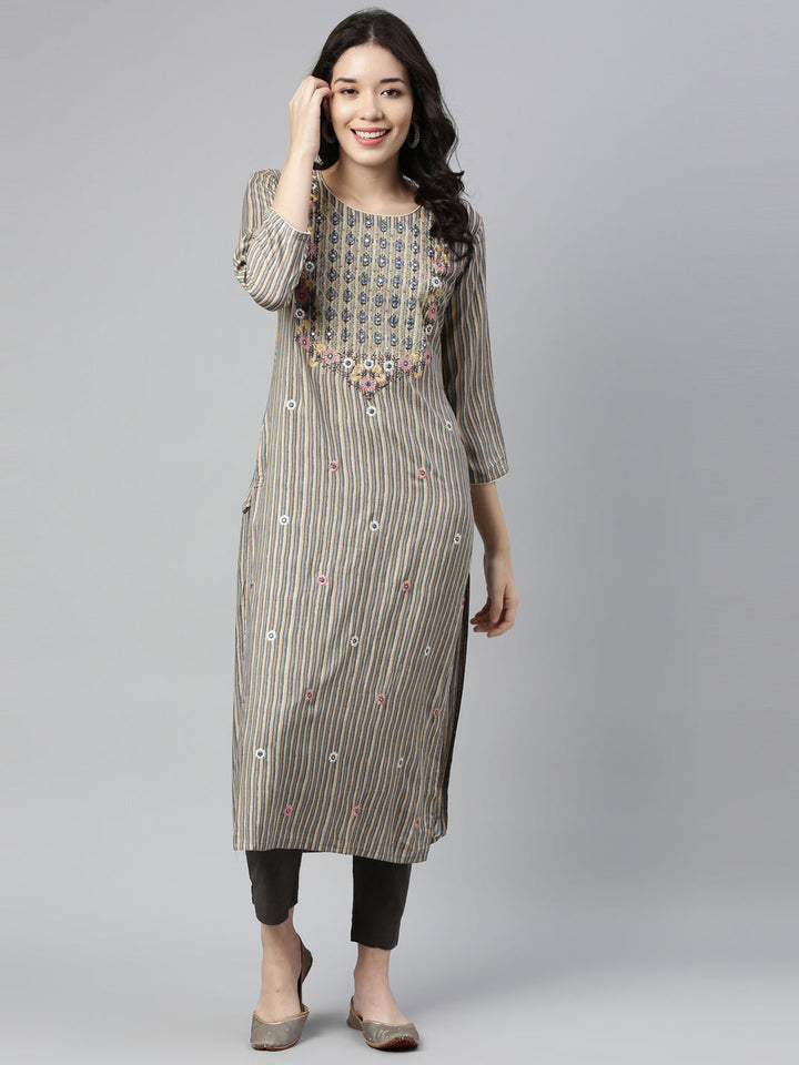 Neerus Grey rayon straight kurta - back view