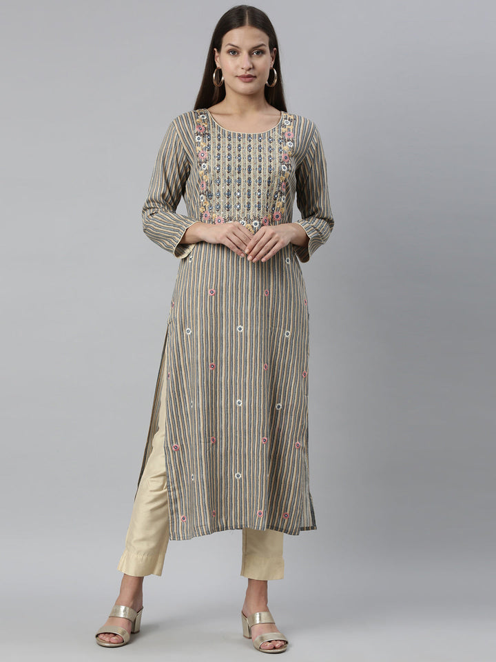 Neerus Grey rayon straight kurta - front view