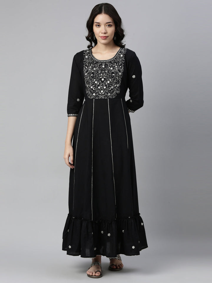 Neerus Black cotton thread embroidered anarkali kurti - front view