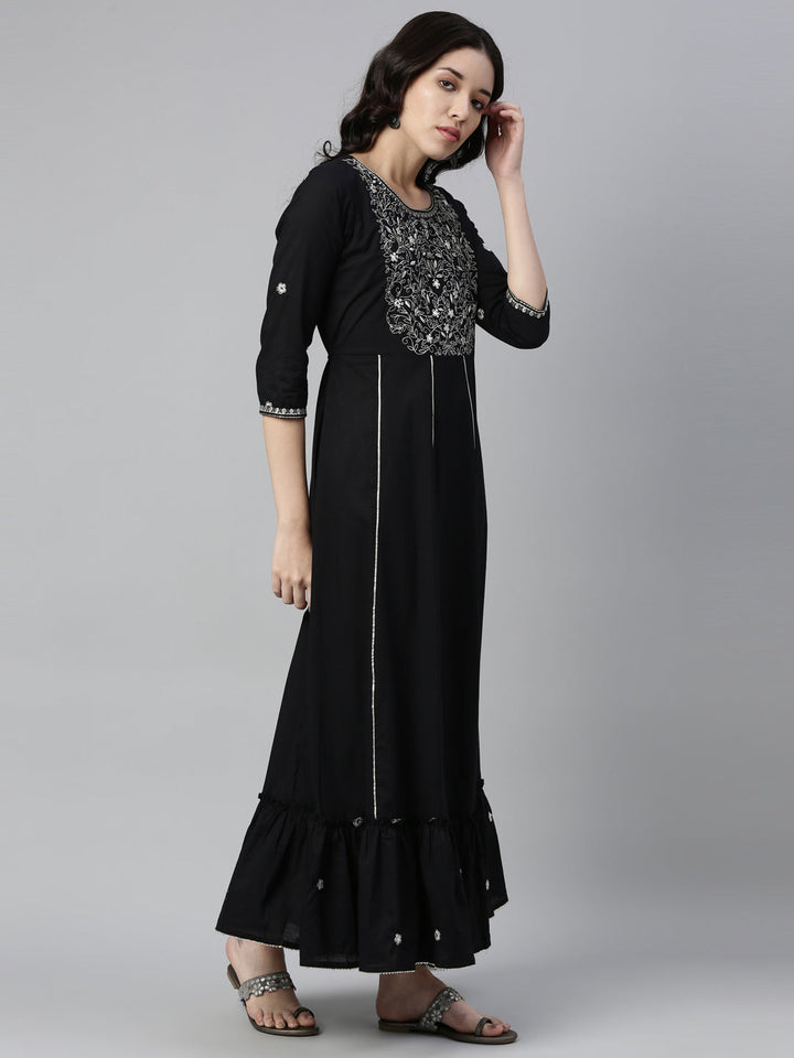 Neerus Black cotton thread embroidered anarkali kurti - back view