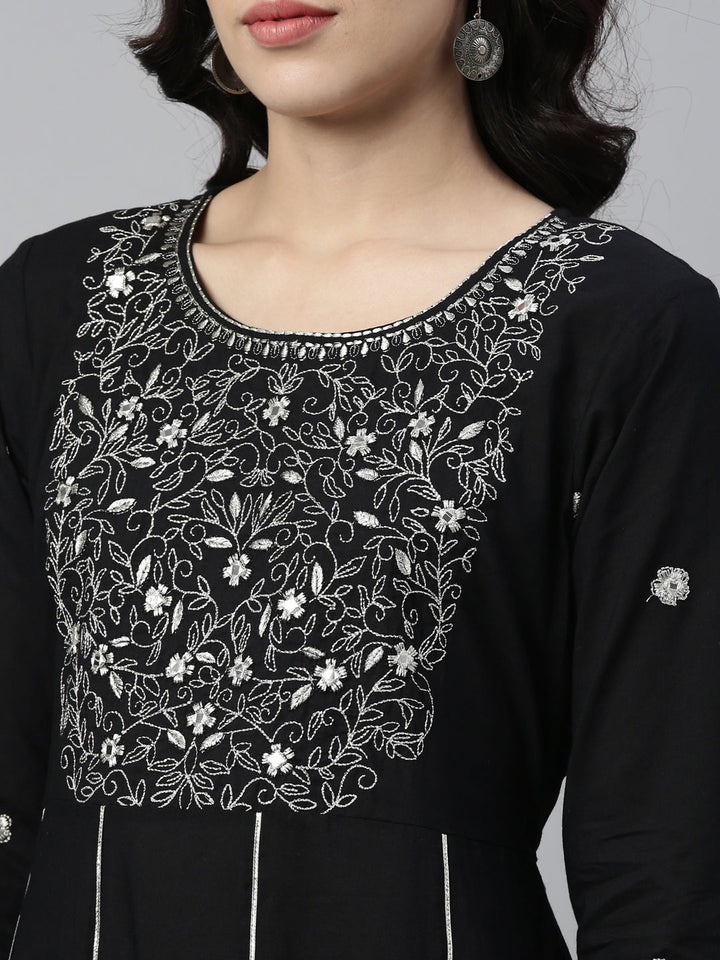 Neerus Black cotton thread embroidered anarkali kurti - detail view 1