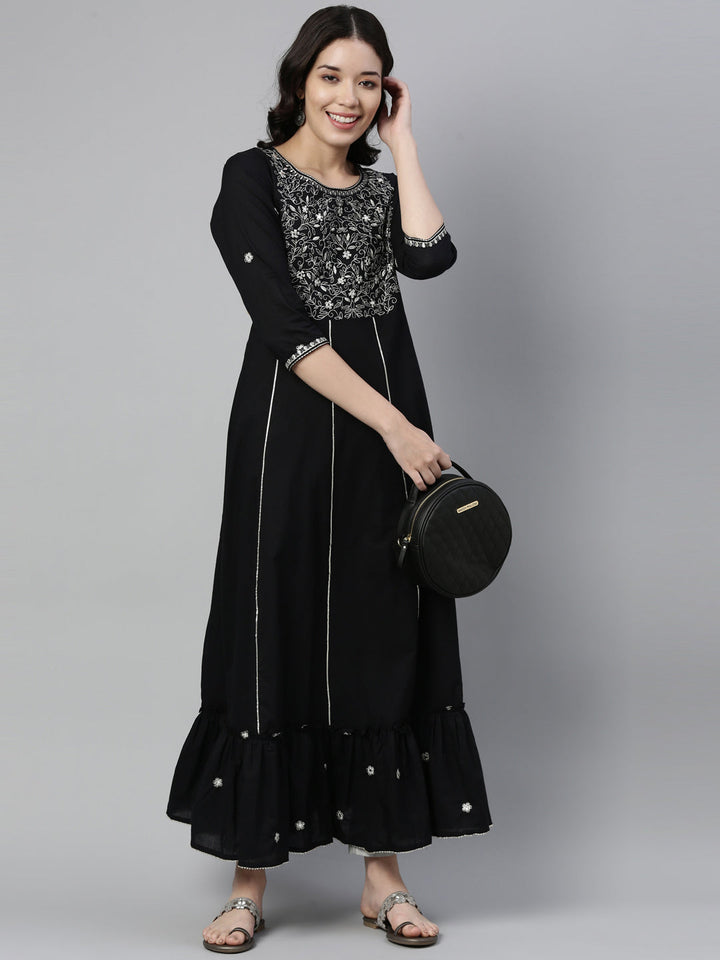 Neerus Black cotton thread embroidered anarkali kurti - detail view 2