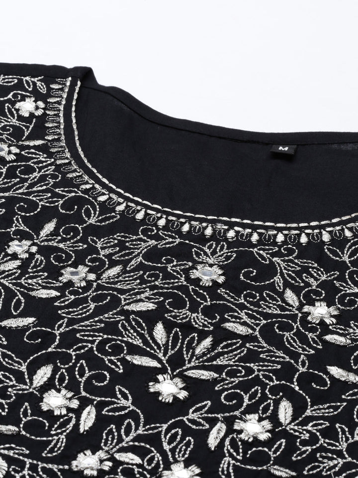 Neerus Black cotton thread embroidered anarkali kurti - detail view 3
