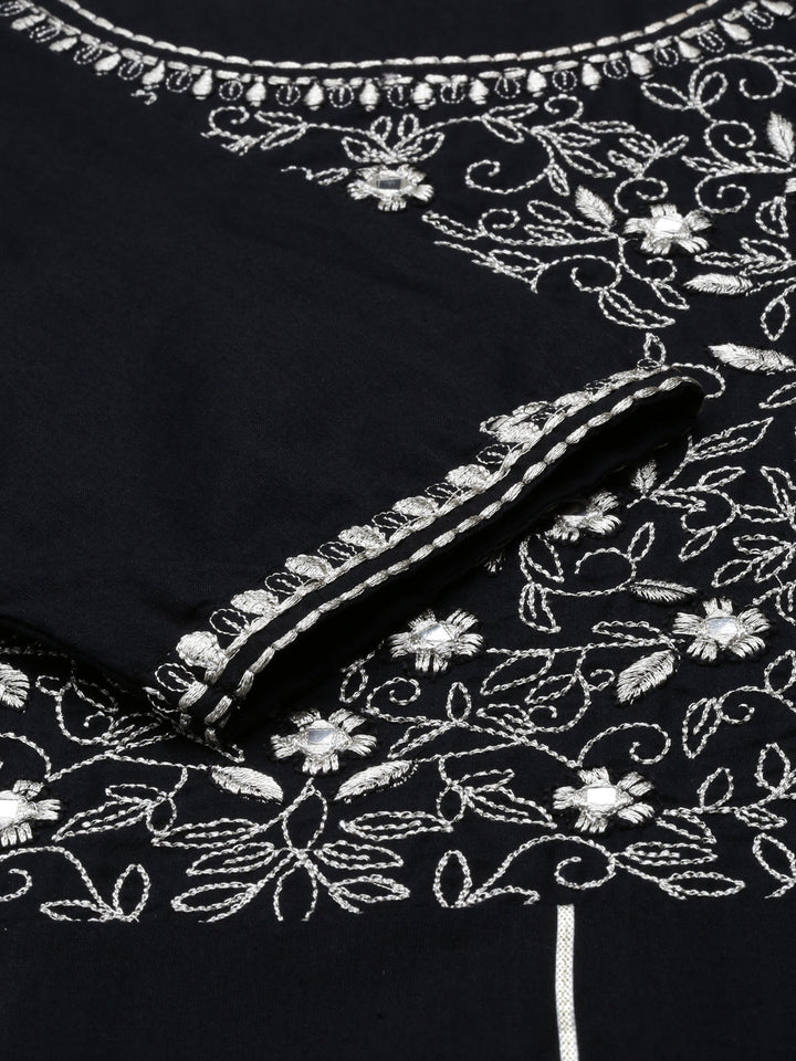 Neerus Black cotton thread embroidered anarkali kurti - detail view 4