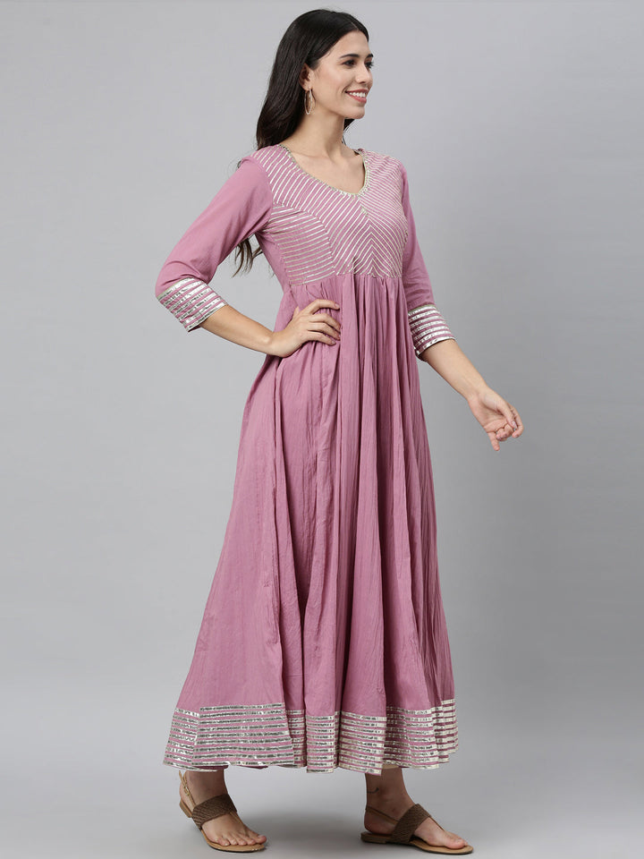 Neerus Pink cotton embellished anarkali kurti - front view