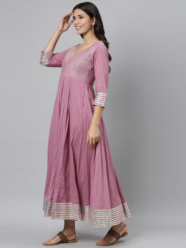 Neerus Pink cotton embellished anarkali kurti - detail view 2