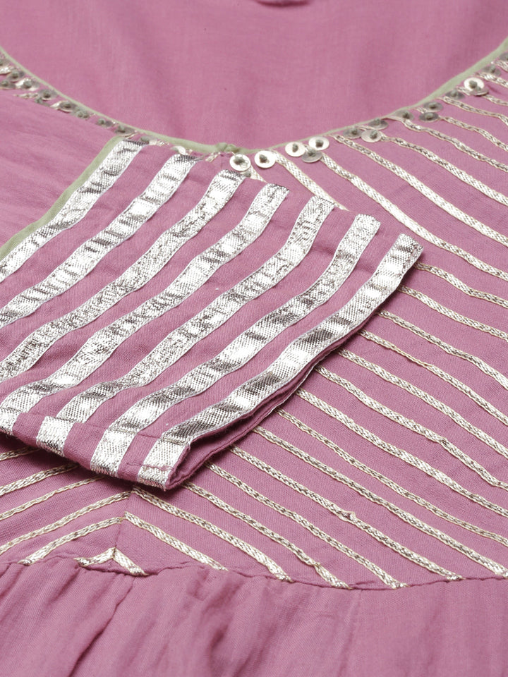 Neerus Pink cotton embellished anarkali kurti - detail view 4