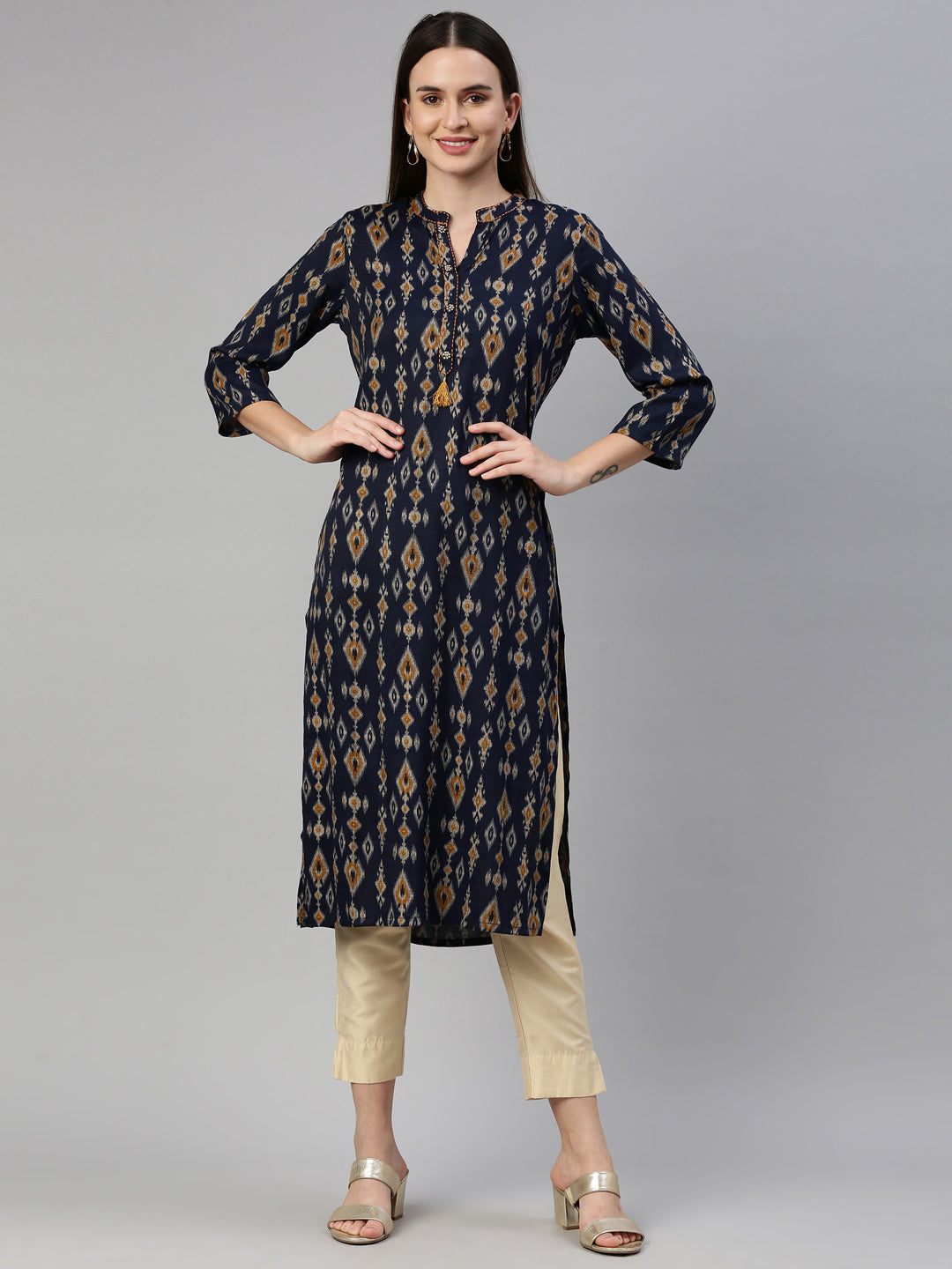Neerus Blue rayon solid kurti - detail view 5
