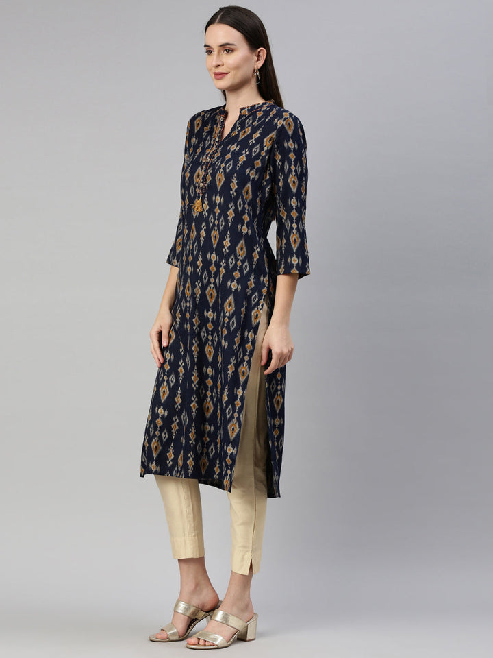Neerus Blue rayon solid kurti - side view