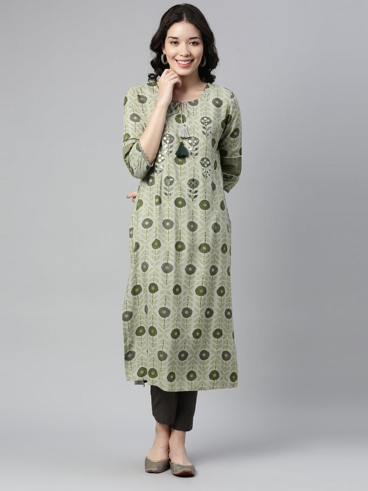 Neerus Green rayon mirror work kurti - detail view 4
