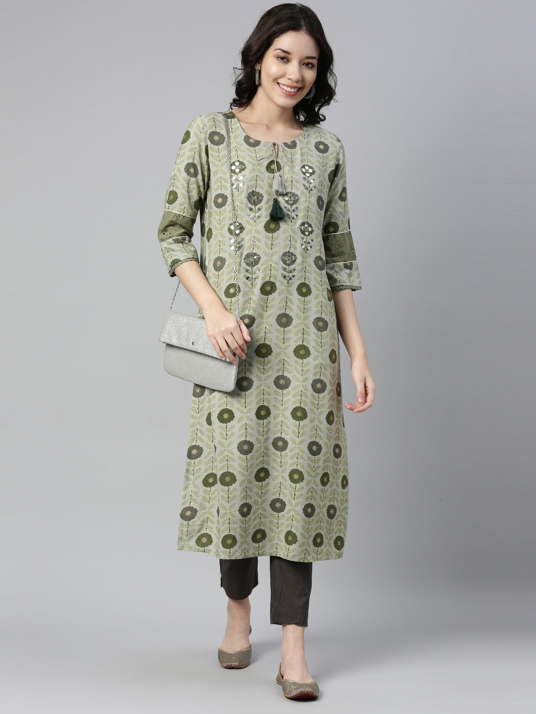 Neerus Green rayon mirror work kurti - detail view 1