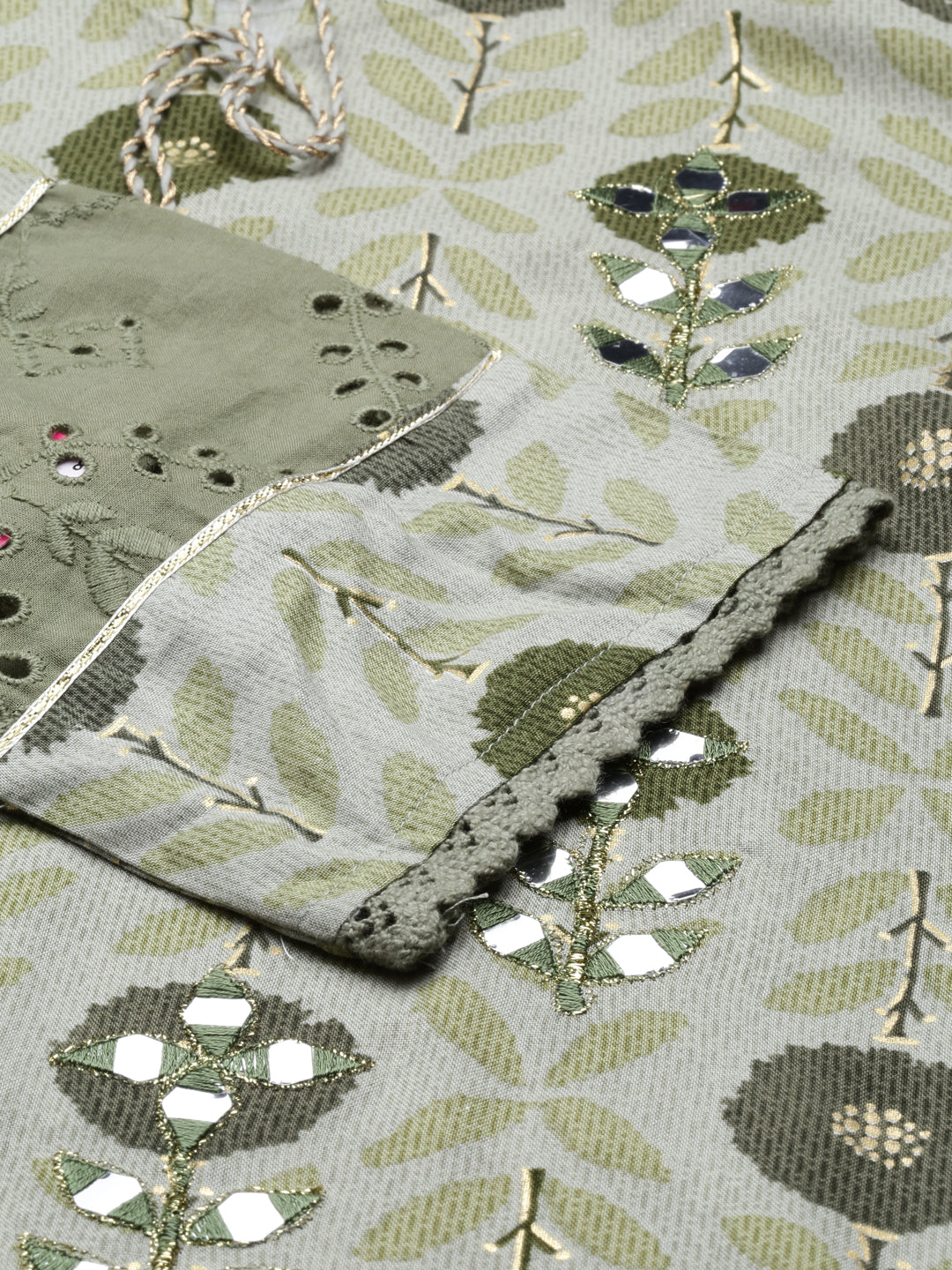 Neerus Green rayon mirror work kurti - detail view 3