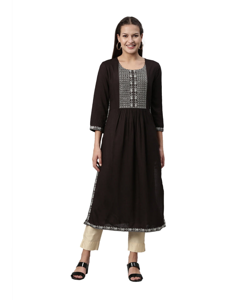 Neerus Black rayon solid kurti - front view