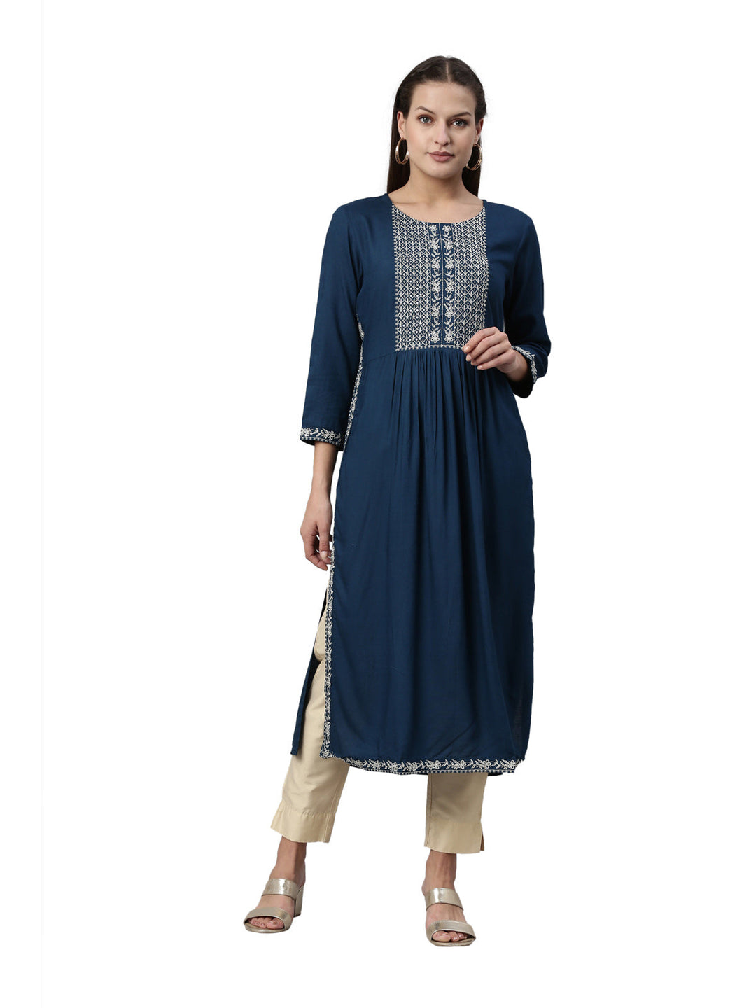 Neerus Blue slub rayon straight kurti - front view