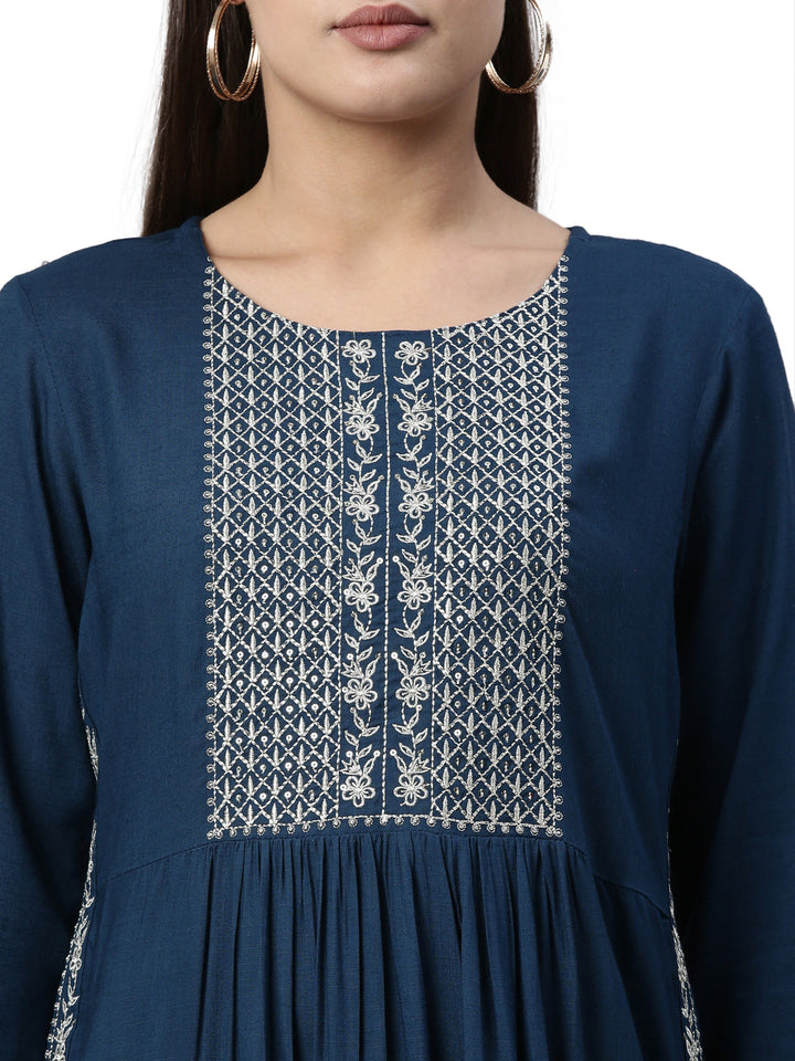 Neerus Blue slub rayon straight kurti - back view