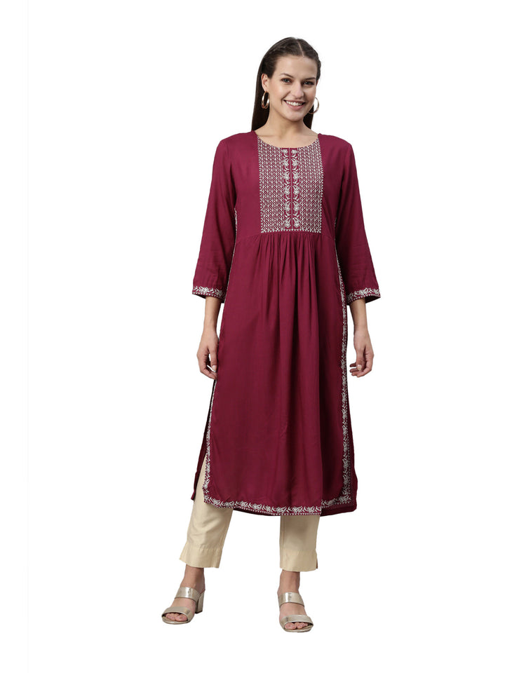 Neerus Maroon viscose rayon solid kurti - front view