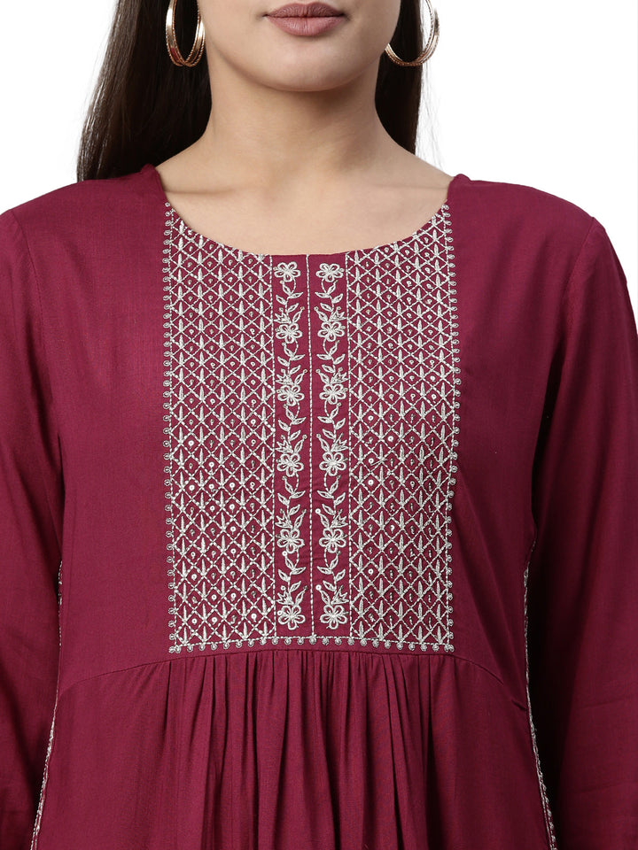 Neerus Maroon viscose rayon solid kurti - back view