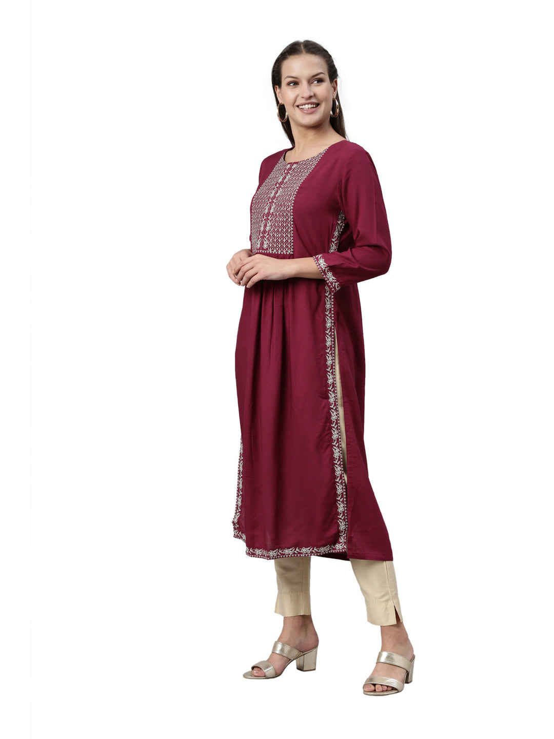 Neerus Maroon viscose rayon solid kurti - side view