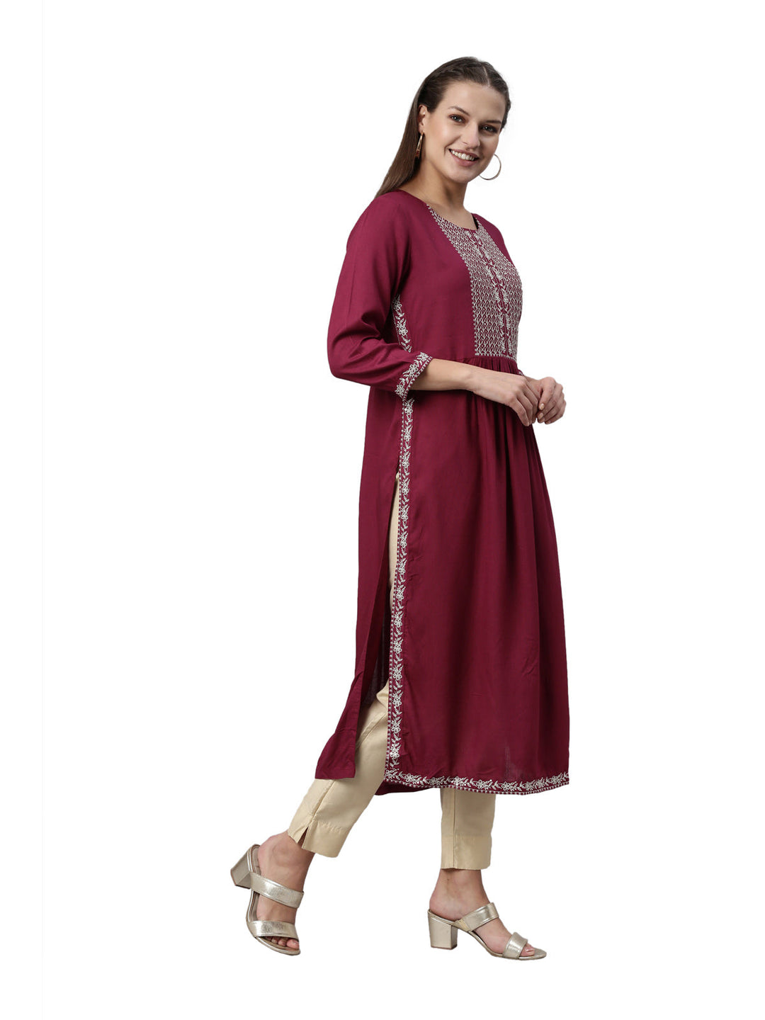 Neerus Maroon viscose rayon solid kurti - detail view 1