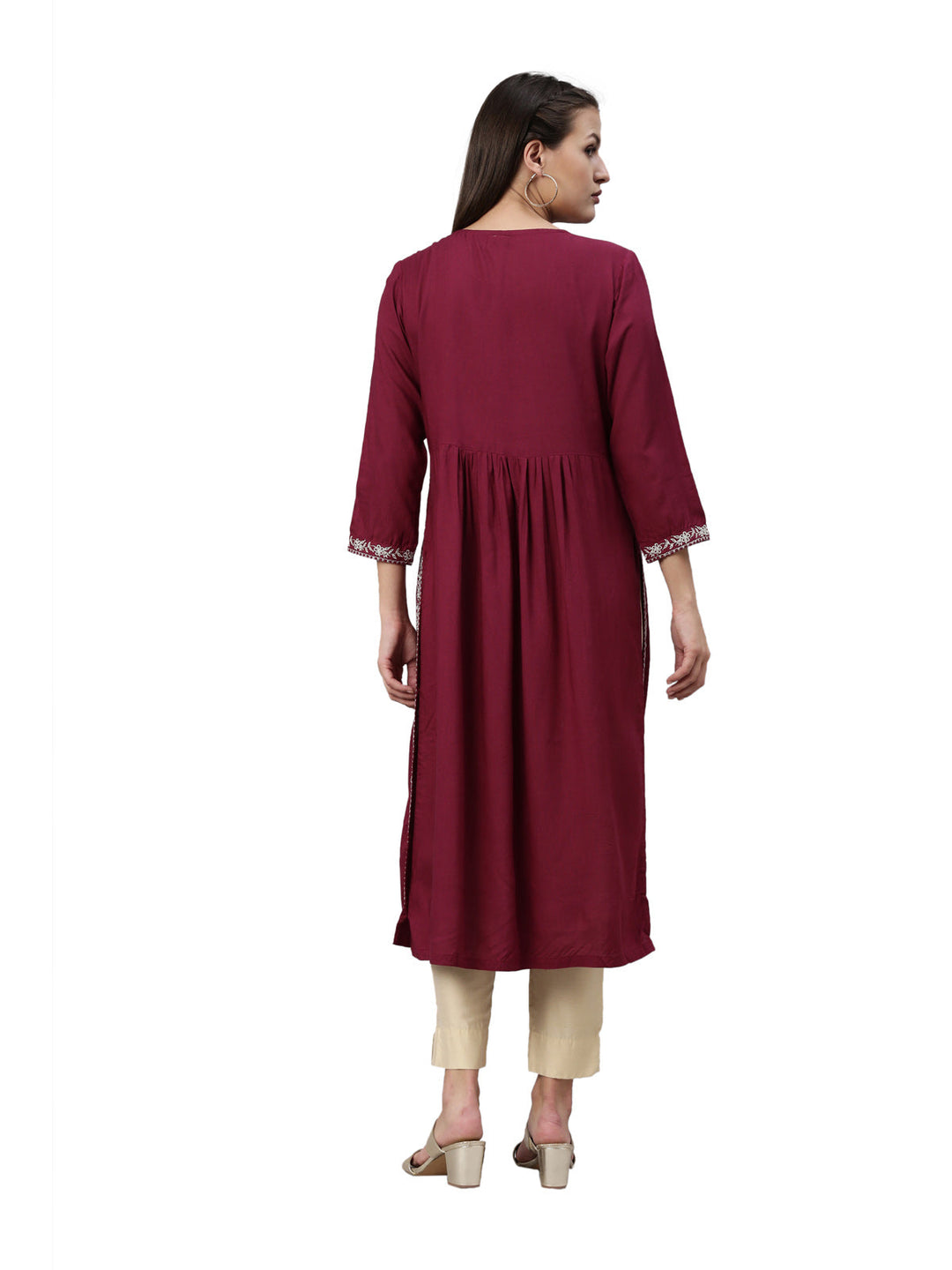Neerus Maroon viscose rayon solid kurti - detail view 2