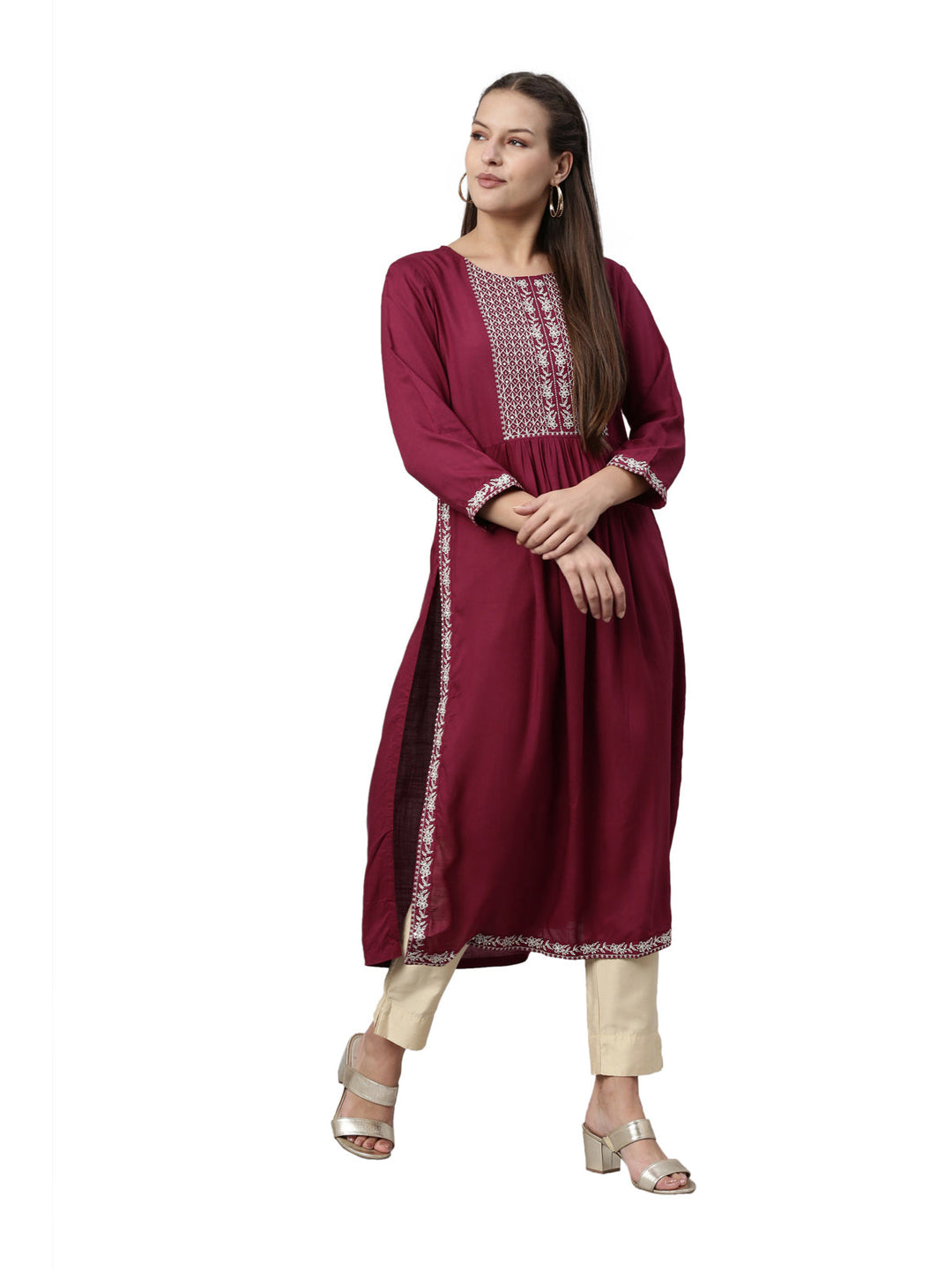 Neerus Maroon viscose rayon solid kurti - detail view 3